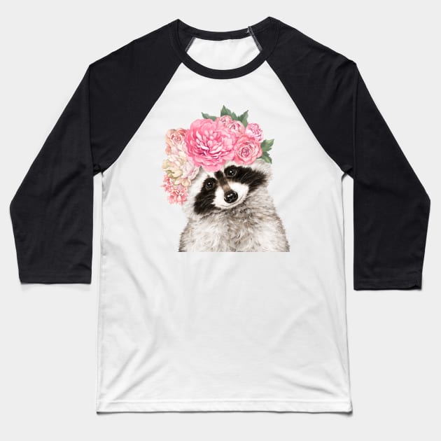 Baby Raccoon with Flower Crown Baseball T-Shirt by bignosework